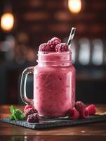 ai generiert Himbeere Smoothie im das Krug, gesund Essen, realistisch Foto