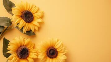 ai generiert Sonnenblumen oben Sicht, Sommer- Hintergrund, kostenlos Raum foto