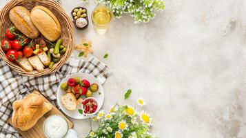 ai generiert lecker Frühstück oben Sicht, Essen Hintergrund, kostenlos Raum foto