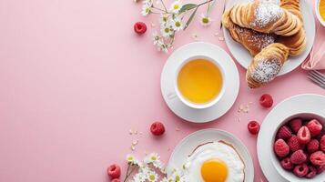 ai generiert lecker Frühstück oben Sicht, Essen Hintergrund, kostenlos Raum foto