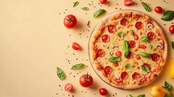 ai generiert Pizza oben Sicht, Essen Hintergrund, kostenlos Raum foto