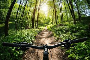 ai generiert erste Person Aussicht von ein Fahrrad auf ein Wald Weg foto