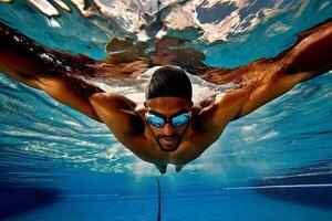 ai generiert dynamisch unter Wasser Aussicht von ein Schwimmer foto