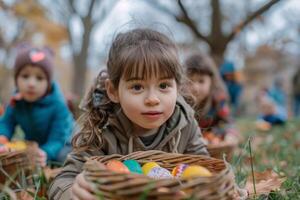 ai generiert Kind konzentriert auf Ostern Ei jagen draußen foto