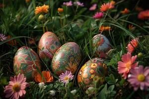 ai generiert beschwingt Ostern Eier versteckt im ein blühend Frühling Wiese foto