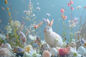 ai generiert heiter Ostern Hase im ein Wiese von Blumen und Eier foto