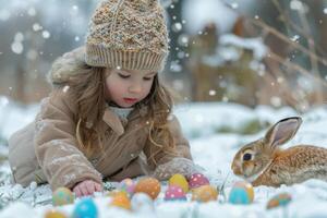 ai generiert Kind spielen mit Ostern Hase im das Schnee foto