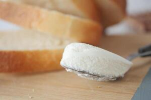 Scheibe von Brot und Sahne Käse auf Weiß Hintergrund. foto