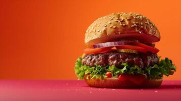 ai generiert ein Burger auf Mono Farbe Studio mit rot Hintergrund, Produkt Schießen Schwingungen, das Burger Pastetchen suchen lecker. generiert durch künstlich Intelligenz. foto