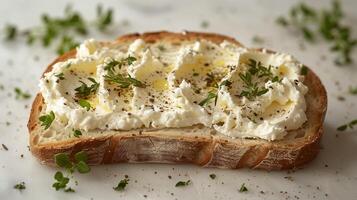 ai generiert Weiß Brot mit Sahne Käse und Kräuter auf es mit Weiß Hintergrund. generiert durch künstlich Intelligenz. foto