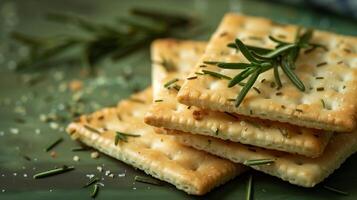 ai generiert ein Nahansicht von Platz Cracker, vereinbart worden auf oben von jeder andere gegen ein Licht Grün Hintergrund. Rosmarin, Thymian, Salz- Kristalle. generiert durch künstlich Intelligenz. foto