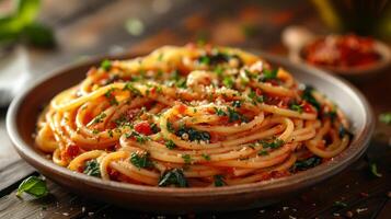 ai generiert Pasta mit Tomaten und Spinat im ein Schüssel. ein Italienisch Spagetti Gericht, schließen hoch, Parmesan Käse, Essen Fotografie. generiert durch künstlich Intelligenz. foto