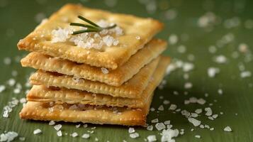 ai generiert ein Nahansicht von Platz Cracker, vereinbart worden auf oben von jeder andere gegen ein Licht Grün Hintergrund. Rosmarin, Thymian, Salz- Kristalle. generiert durch künstlich Intelligenz. foto