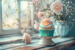 ai generiert köstlich Tasse Kuchen Foto