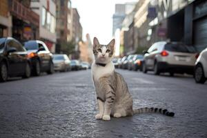 ai generiert schön Katze Streiks Pose auf städtisch Straße, ausströmend Eleganz und Anmut foto