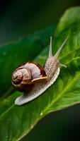 ai generiert Schnecke kriecht entlang Blatt, präsentieren kompliziert Einzelheiten im Makro Aussicht Vertikale Handy, Mobiltelefon Hintergrund foto