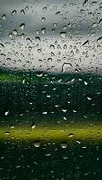 ai generiert Fenster und Regentropfen Foto, regnerisch Tag Wetter Bedingung Vertikale Handy, Mobiltelefon Hintergrund foto
