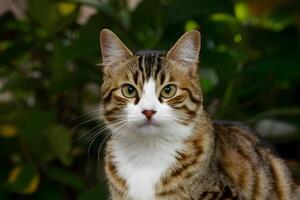 ai generiert bezaubernd Tabby Katze mit auffällig braun und Weiß Pelz foto