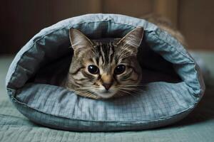 ai generiert Katze findet Zuflucht und Komfort eingebettet auf ein gemütlich Bett foto