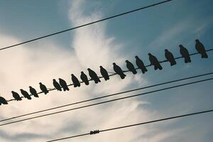 ai generiert Tauben auf elektrisch Draht erstellen Silhouette gegen Himmel Hintergrund foto