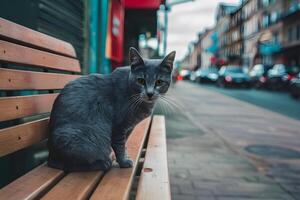 ai generiert obdachlos grau Katze sitzt auf Bank, Straße Szene foto