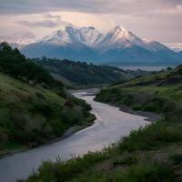 ai generiert schön Morgen Landschaft von Fluss und Berg zum Sozial Medien Post Größe foto