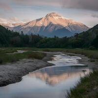 ai generiert schön Morgen Landschaft von Fluss und Berg zum Sozial Medien Post Größe foto