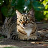ai generiert Erwachsene Straße Katze sonnt sich im Sonnenlicht, entspannend im natürlich Umfeld zum Sozial Medien Post Größe foto