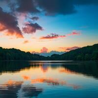 ai generiert Sonnenuntergang Sonnenaufgang Sommer- Landschaft mit bunt Wolken Über See zum Sozial Medien Post Größe foto
