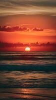 ai generiert Orange getönt Himmel trifft dunkel Wellen, szenisch Strand Sonnenuntergang Vertikale Handy, Mobiltelefon Hintergrund foto
