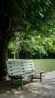 ai generiert leeren hölzern Bank lädt ein Entspannung im Sommer- Park Rahmen Vertikale Handy, Mobiltelefon Hintergrund foto