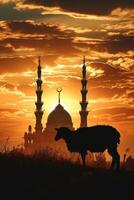 ai generiert Silhouette von ein Lamm oder Ziege mit ein majestätisch Moschee Hintergrund während ein atemberaubend Sonnenuntergang. foto