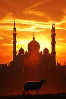 ai generiert Silhouette von ein Lamm oder Ziege mit ein majestätisch Moschee Hintergrund während ein atemberaubend Sonnenuntergang. foto