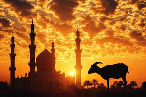 ai generiert Silhouette von ein Lamm oder Ziege mit ein majestätisch Moschee Hintergrund während ein atemberaubend Sonnenuntergang. foto