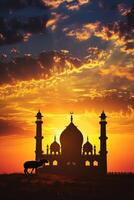 ai generiert Silhouette von ein Lamm oder Ziege mit ein majestätisch Moschee Hintergrund während ein atemberaubend Sonnenuntergang. foto