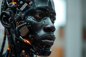 ai generiert Technologien von das Zukunft, Nahansicht von ein Cyborg Mann mit Hightech Prothetik im seine Kopf foto