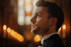 ai generiert ein gut aussehend Bräutigam im ein stilvoll Smoking steht im ein Kirche und sieht aus in das Distanz, Hochzeit Zeremonie foto