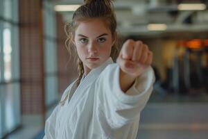 ai generiert ein Frau im Karate Ausrüstung wirft ihr Faust Gerade beim das Kamera, zeigen ein Sinn von Leistung und Steuerung foto