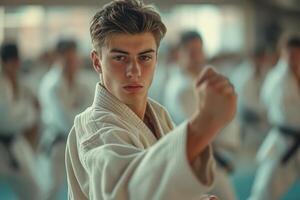 ai generiert kriegerisch Künstler im Weiß Kimono üben Karate foto