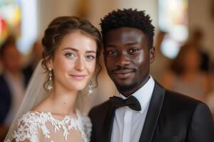 ai generiert afrikanisch amerikanisch Bräutigam und kaukasisch Braut Pose zum ein fotografieren auf ihr Hochzeit Tag im ein Kirche. das Braut ist tragen ein Weiß Kleid und das Bräutigam ist tragen ein Anzug. interracial foto