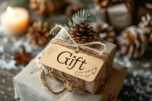 ai generiert ein Weihnachten Geschenk Box ist eingewickelt im Schnur, mit ein Kiefer Kegel zart platziert auf oben. das rustikal Verpackung fügt hinzu ein festlich berühren zu das Urlaub Geschenk foto