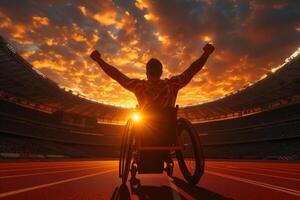 ai generiert zurück Aussicht von ein Mann im ein Rollstuhl feiern ein Sieg im das Stadion, demonstrieren seine Triumph im ein Parasport Wettbewerb foto