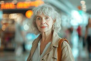 ai generiert ein Alten Frau mit grau Haar steht selbstbewusst im ein braun Jacke im ein Flughafen Terminal, Reisen foto