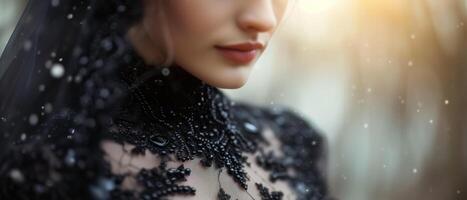 ai generiert elegant Frau im schwarz Kleid mit Schleier auf Kopf foto