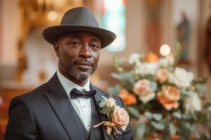 ai generiert mittleren Alters afrikanisch amerikanisch gut aussehend Mann gekleidet im ein formal passen und stilvoll Hut, Bräutigam beim ein Hochzeit, ausströmend Klasse und Eleganz mit seine einwandfrei Stil foto