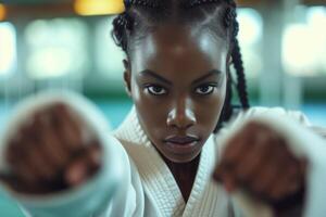 ai generiert ein afrikanisch amerikanisch weiblich kriegerisch Künstler, gekleidet im traditionell Karate Kleidung, Punkte direkt beim das Kamera, demonstrieren ihr konzentriert und entschlossen Haltung foto