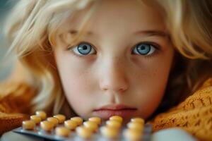 ai generiert ein jung Mädchen mit Blau Augen nimmt Medikament. Kinder und Tabletten foto