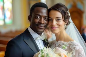 ai generiert interethnisch Hochzeit, afrikanisch amerikanisch Bräutigam und kaukasisch Braut im Hochzeit Outfits Stand zusammen im Kirche und Pose zum ein Foto. das Braut ist im ein Weiß Kleid und Schleier, das Bräutigam foto