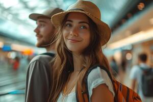 ai generiert ein Mann und ein Frau Stand Nächster zu jeder andere im das Flughafen Terminal. Sie scheinen zu Sein auf ein Ausflug oder Ferien und genießen jeder Andere Unternehmen foto