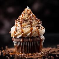 ai generiert Cupcake Dessert Restaurant Essen, schwarz Hintergrund, realistisch Foto